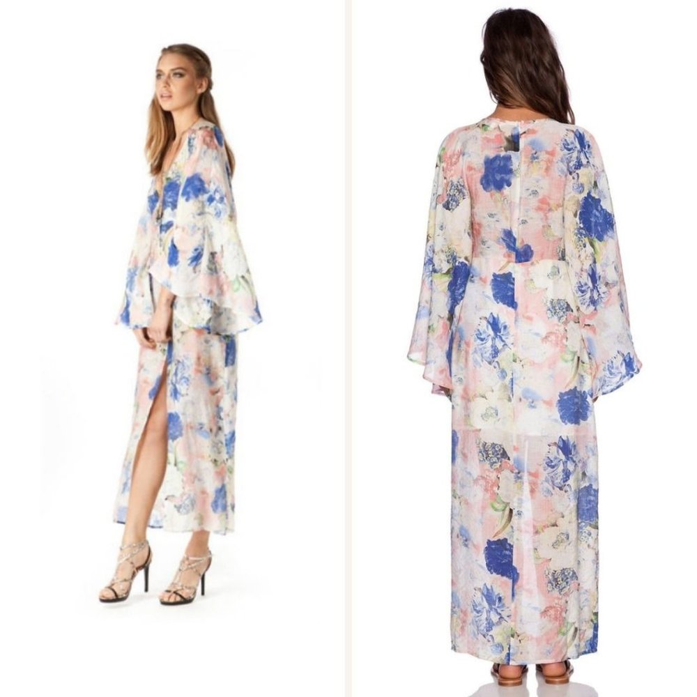 The Wallflower Movement Floral Maxi Kimono Dress sz S Crepe Wide Bell Sleeve